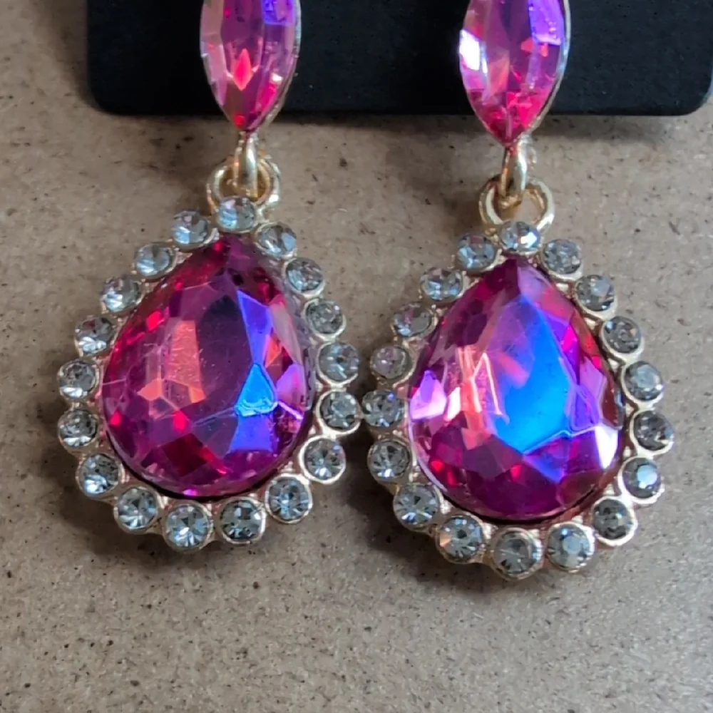 Pink and Gold Dangle Earrings with Sparkling Accents